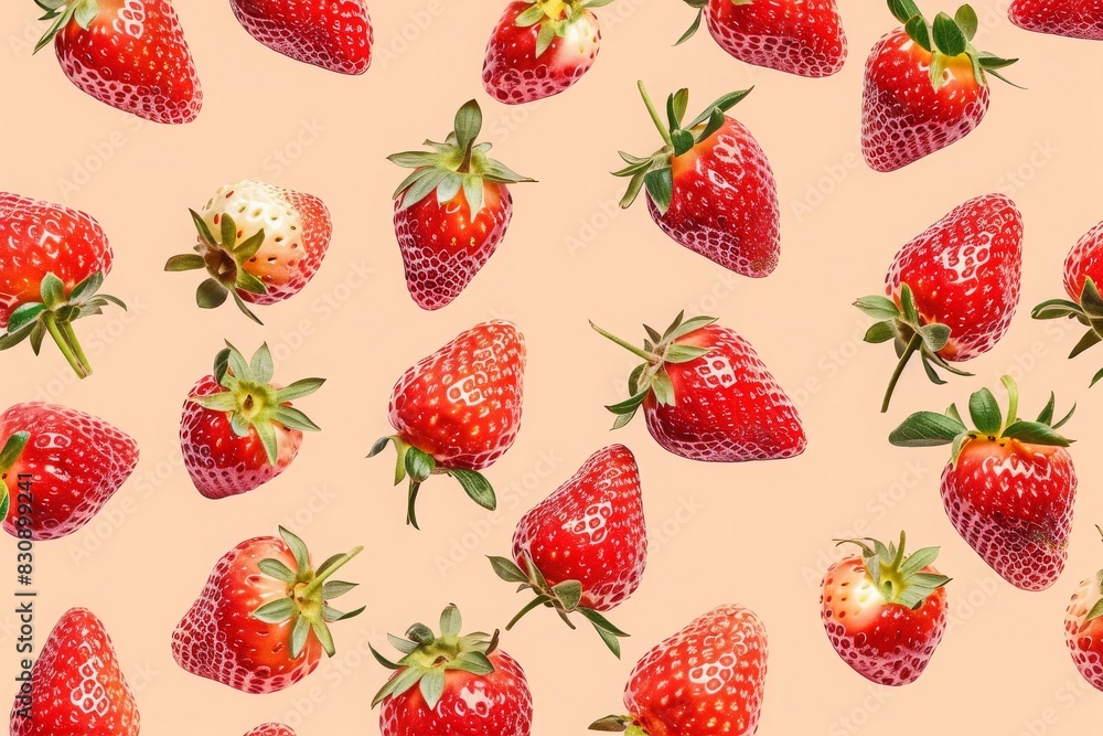 pattern of strawberries on pastel peach background, flat lay pattern of strawberries on pastel peach background, flat lay