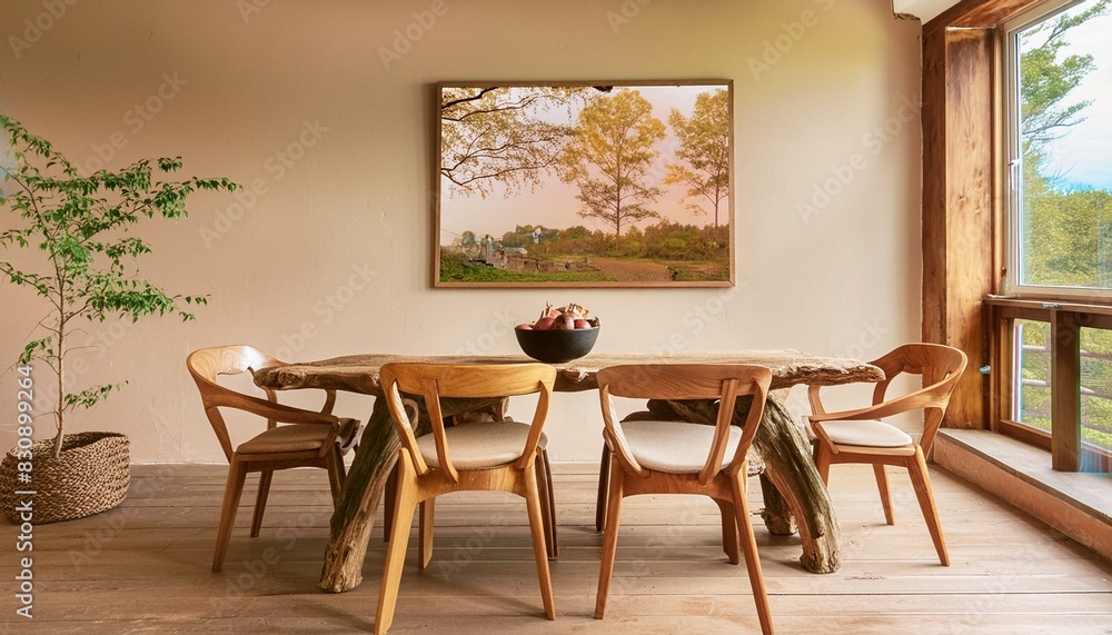 Modern Japandi Design: Live Edge Dining Table with Art Poster and Log Chairs Modern Japandi Design: Live Edge Dining Table with Art Poster and Log Chairs