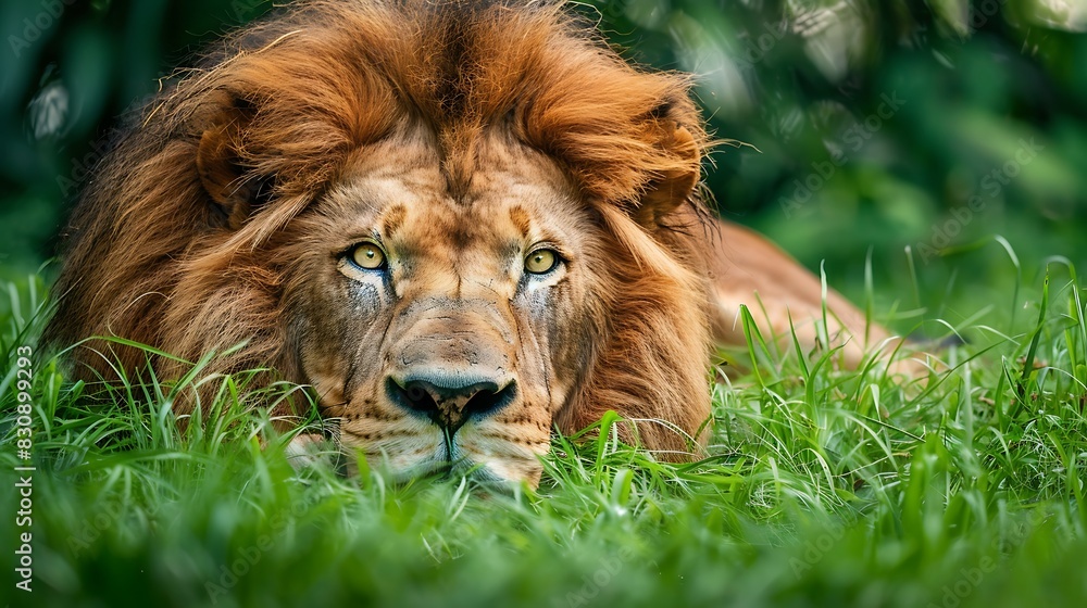 Male lion lying down in green grass looking hungry Male lion lying down in green grass looking hungry