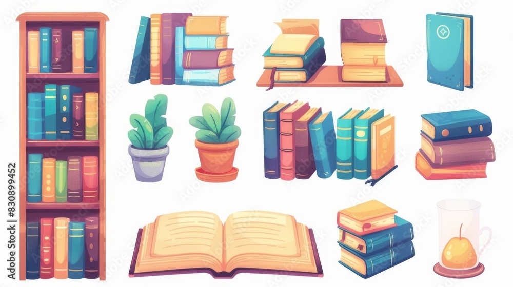 A variety of books, open book, potted plants, and candles. A variety of books, open book, potted plants, and candles.
