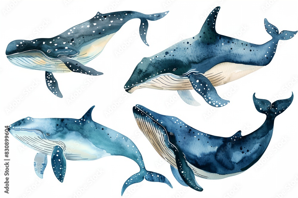 Fototapeta premium group of whales swimming in the ocean together, with a white background