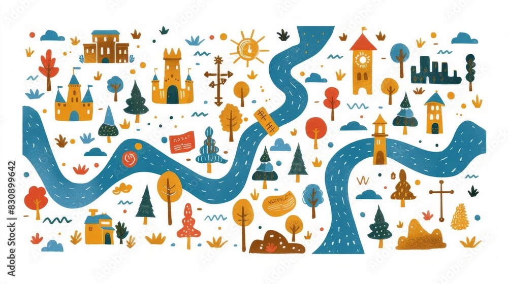 The image is a colorful map of a fictional land. The map features a river, trees, mountains, and various buildings. The image is a colorful map of a fictional land. The map features a river, trees, mountains, and various buildings.