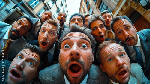 Overhead shot capturing many astonished men in business suits, with a dynamic perspective photo