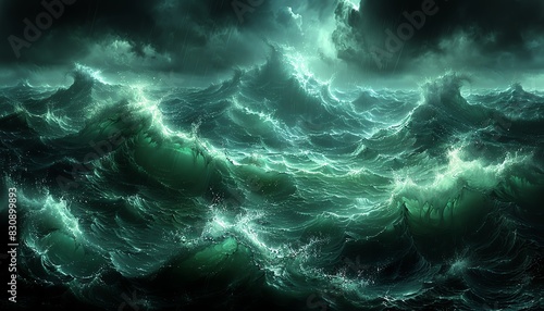 Dramatic stormy seas with crashing waves and glowing green light.