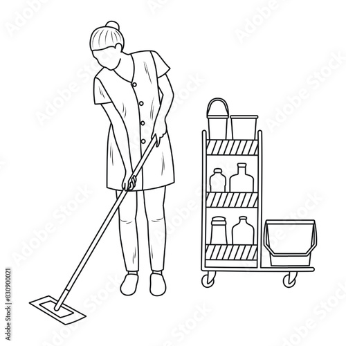 Cleaning lady with mop and cart for cleaning the premises, sketch  mockup