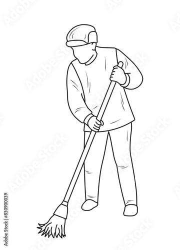 Janitor with a broom in his hands, sketch outline