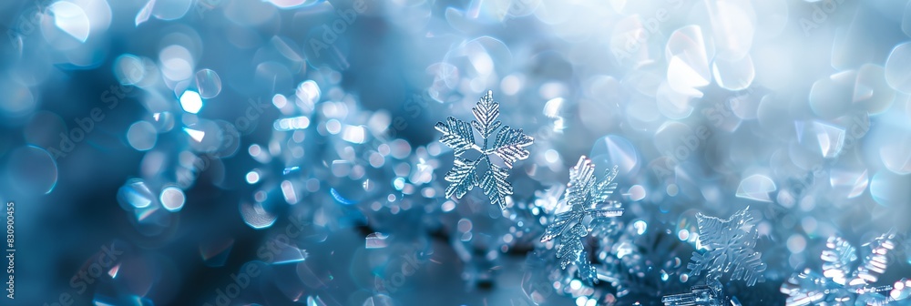 snowflake is shown in the middle of a blurry background of blue lights and snow flakes snowflake is shown in the middle of a blurry background of blue lights and snow flakes
