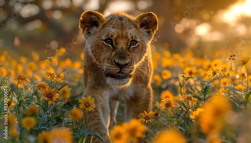 A young lion cub walks through a field of yellow wildflowers at sunset. photo