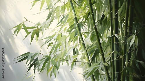 Sunlit image of the slender  wispy leaves of a bamboo  their graceful movement representing flexibility and peace.