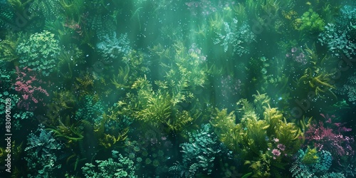 Underwater garden of aquatic plants and flowers  using a variety of greens  teals  and vibrant colors to create a lush  otherworldly scene beneath the water s surface  ai generated