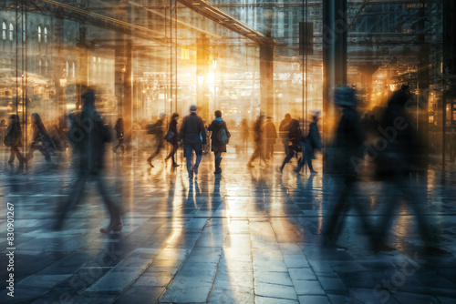 Blurred Motion of People Walking in a Busy Urban Setting at Sunset. Colorful Illustration