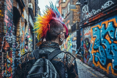 Punk Rocker with Colorful Mohawk Walking Through Graffiti-Covered Alley. Generative AI