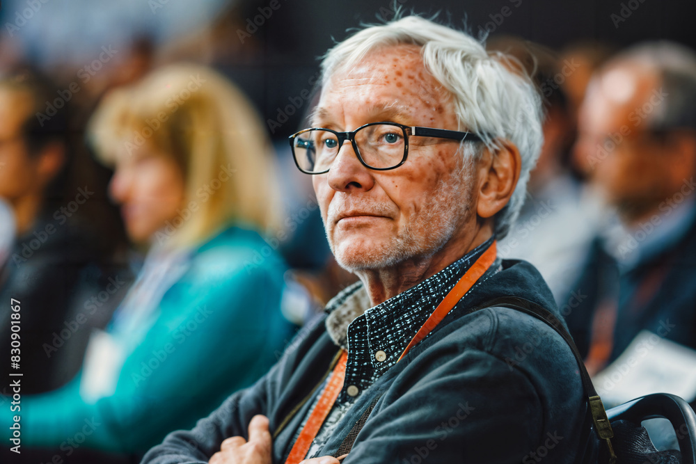 Senior Man Attending a Conference with Focused Expression Senior Man Attending a Conference with Focused Expression