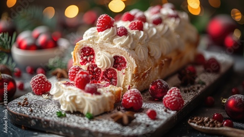 Festive Sponge Roll Buche de Noel Against a Background of Blurry Holiday Lights, Capturing the Essence of Traditional Christmas Desserts 