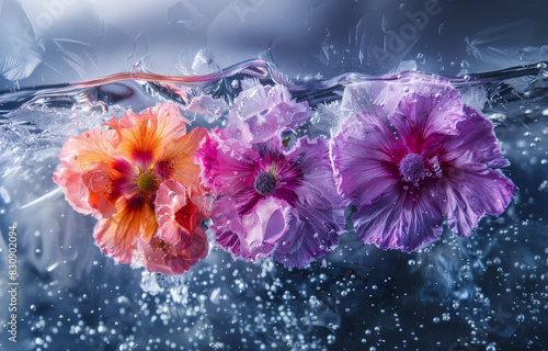 Fondo abstracto de tres flores sumergidas en agua y hielo, en tonos morados y naranja. photo