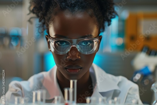 A person in white lab attire is focused on analyzing clear samples in a laboratory setting, indicating scientific research
