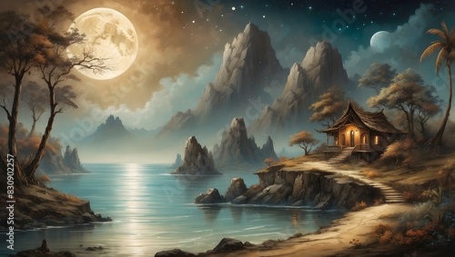 Gemälde-Stil - Mondlicht am See