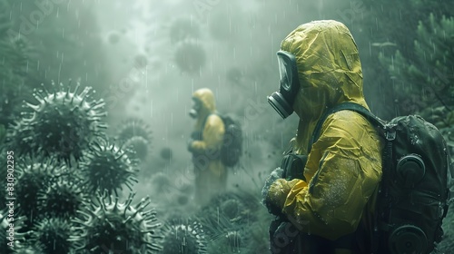 Scientist in Protective Gear Exploring Dangerous Virus Filled Environment photo