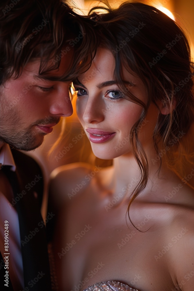 Naklejka premium A romantic and intimate scene of a couple, man whispering into the woman's ear in a soft indoor lighting