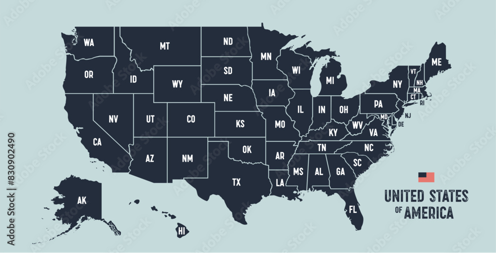 Fototapeta premium USA Map. Poster map of United States of America. Infographic design, USA with states, poster or geographic, political theme. Print map of USA states, silhouettes outline. Vector Illustration