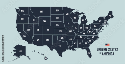 USA Map. Poster map of United States of America. Infographic design, USA with states, poster or geographic, political theme. Print map of USA states, silhouettes outline. Vector Illustration