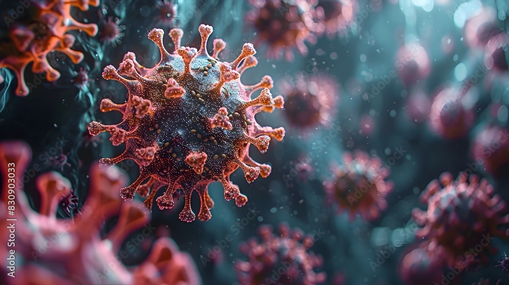 Vibrant 3D Rendering of Detailed Microscopic Viral Structure for Scientific and Medical Research Purposes Vibrant 3D Rendering of Detailed Microscopic Viral Structure for Scientific and Medical Research Purposes