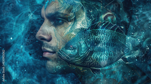 Man in the image of a zodiac sign Fish on blurred background