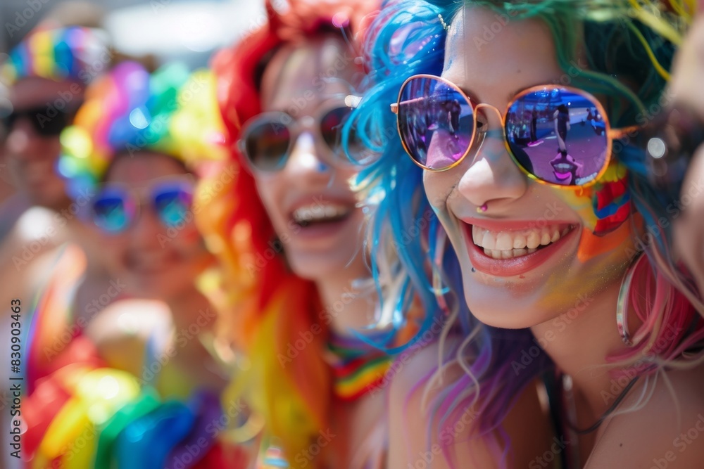 Happy people wearing colorful wigs and sunglasses celebrating at an outdoor event Happy people wearing colorful wigs and sunglasses celebrating at an outdoor event