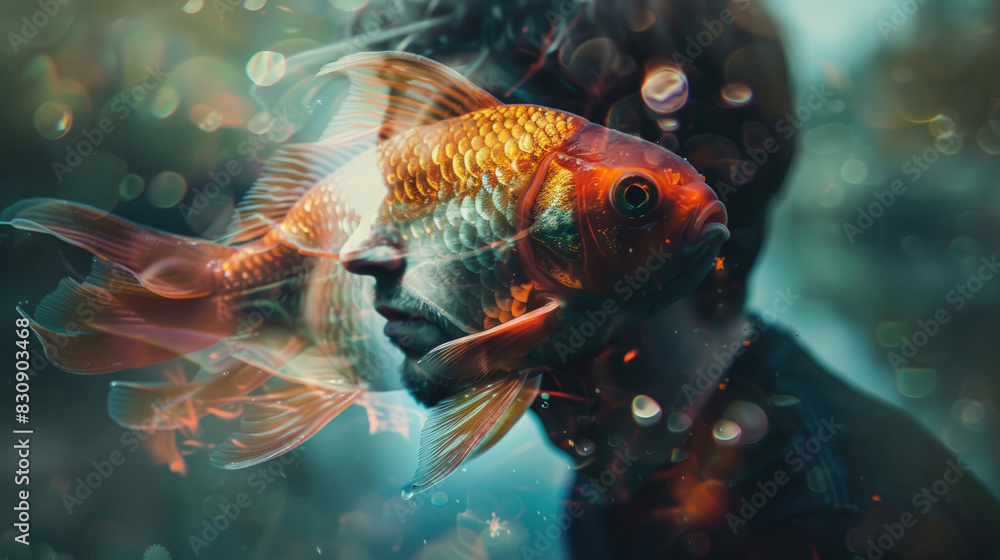 Man in the image of a zodiac sign Fish on blurred background