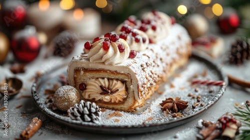 Festive Sponge Roll Buche de Noel Against a Background of Blurry Holiday Lights, Capturing the Essence of Traditional Christmas Desserts 