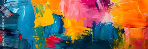 Vibrant and Colorful Abstract Acrylic Painting with Fluid Brush Strokes and Dynamic Splashes of Paint on Canvas photo