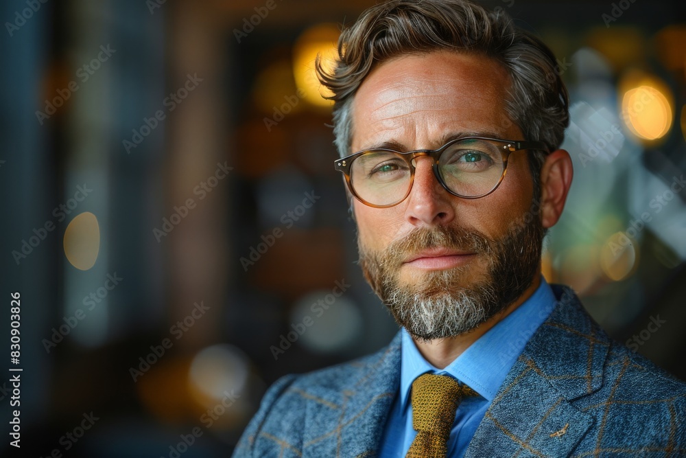 Portrait of a sophisticated man in a suit and glasses with a blurred background highlighting his confident glance Portrait of a sophisticated man in a suit and glasses with a blurred background highlighting his confident glance