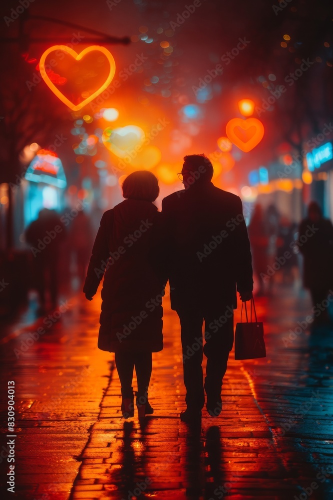 Couple holding hands on a romantic evening walk, with the street lit by vibrant bokeh effect hearts Couple holding hands on a romantic evening walk, with the street lit by vibrant bokeh effect hearts