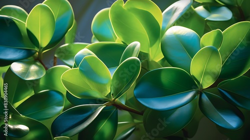 Vibrant image of the thick, rubbery leaves of a jade plant, highlighted by sunlight, representing endurance and wealth. photo