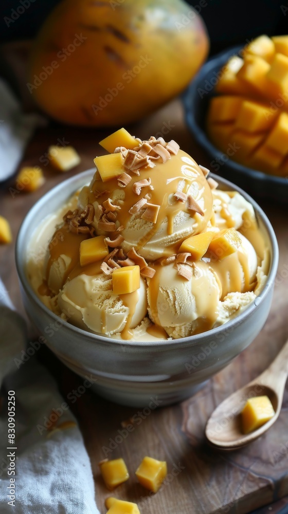 Side view of a bowl of mango ice cream topped with mango cubes and syrup, with a wooden spoon Side view of a bowl of mango ice cream topped with mango cubes and syrup, with a wooden spoon