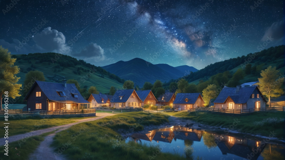 Dreamy illustration of a starlit night over a peaceful village nestled in a valley, where cozy cottages emit a warm glow and the Milky Way cascades across the sky, Generative AI