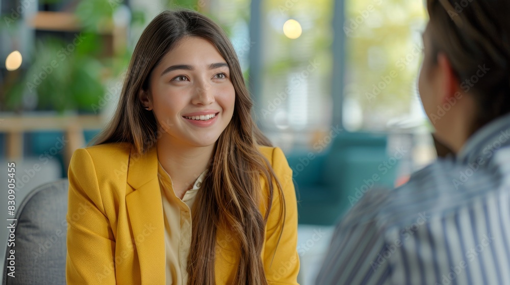 A young woman with long hair in a yellow blazer appears engaged in a pleasant conversation A young woman with long hair in a yellow blazer appears engaged in a pleasant conversation