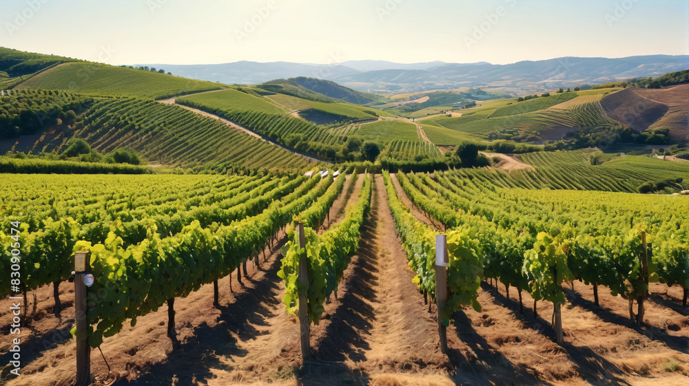 Idyllic illustration of a sun-drenched vineyard nestled in rolling hills, where grapevines stretch as far as the eye can see and the air is filled with the aroma of ripening fruit, Generative AI Idyllic illustration of a sun-drenched vineyard nestled in rolling hills, where grapevines stretch as far as the eye can see and the air is filled with the aroma of ripening fruit, Generative AI