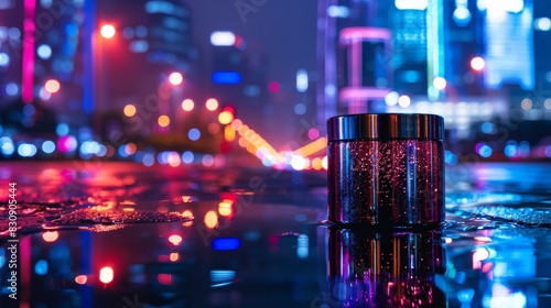 A jar of glitter is sitting on a wet surface in front of a city skyline
