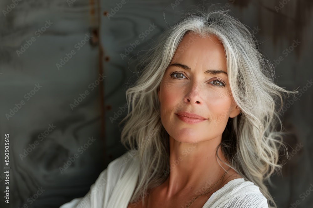 a woman with grey hair and a white shirt is smiling at the camera a woman with grey hair and a white shirt is smiling at the camera