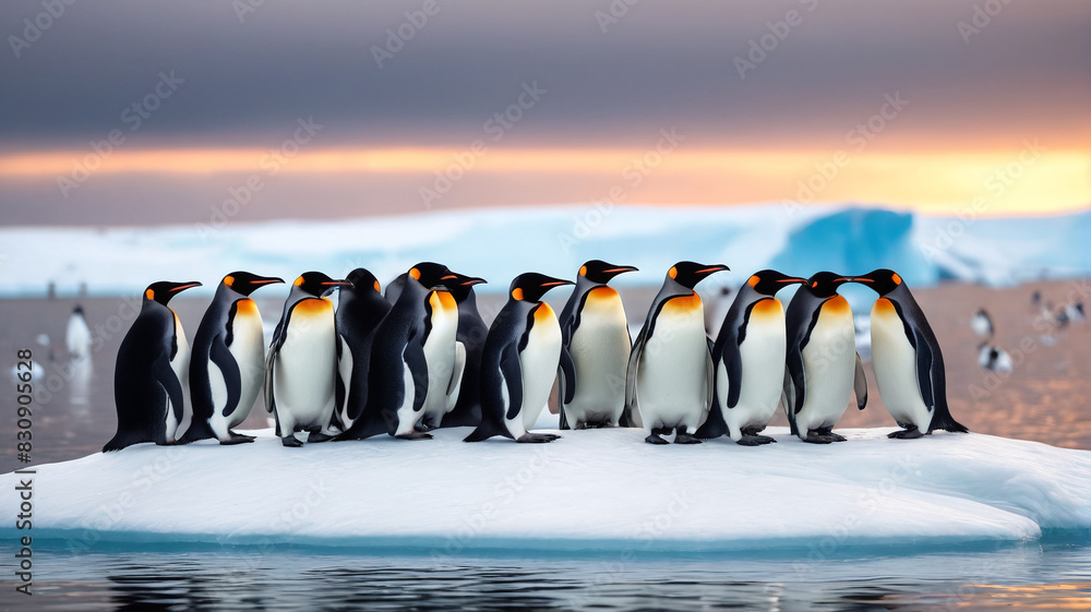 Obraz premium A colony of penguins huddles together on a windswept ice floe, their resilient spirits shining bright amidst the harsh beauty of the Antarctic landscape, Generative AI