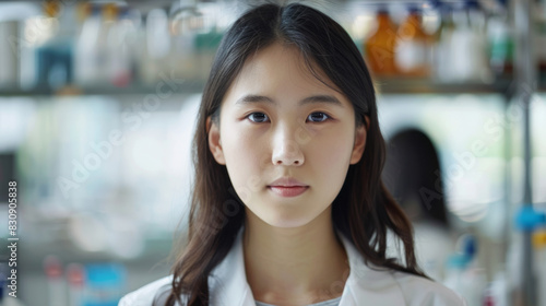 Young scientist in lab. Portrait of a confident young Asian woman in a lab coat, representing STEM education and careers.