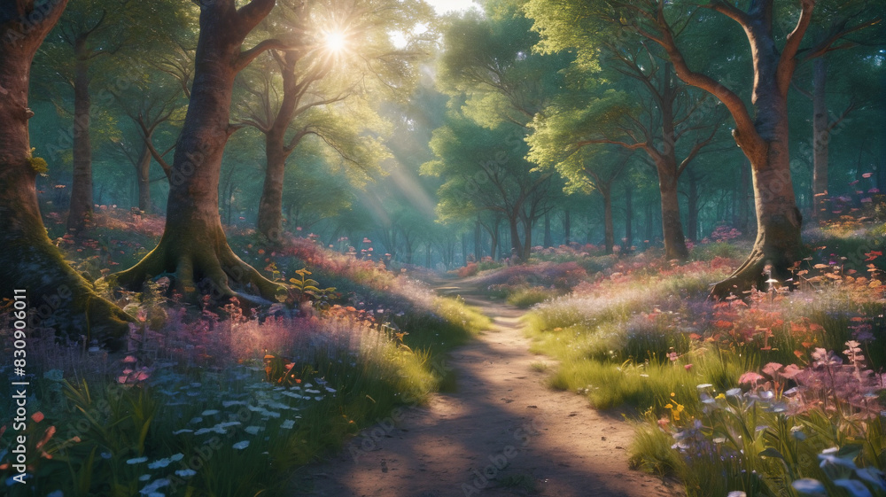 Obraz premium A whimsical forest glade bathed in the soft glow of twilight, where curious woodland creatures dance amidst the dappled sunlight and fragrant blooms, Generative AI