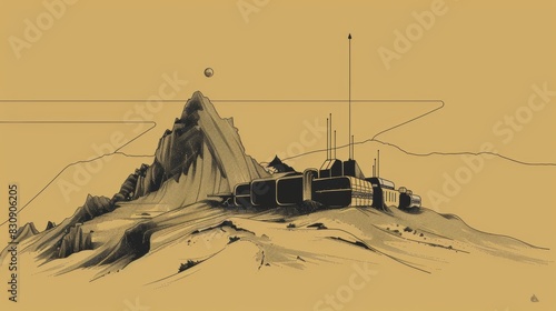 Futuristic Desert Base Illustration with Mountains and Satellite - Minimalistic