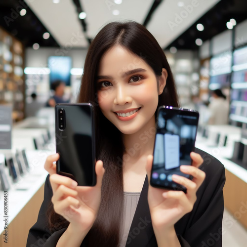 Woman Portrait, Navigating Smartphone Choices: Trends, Features, and Decisions, smile, smartphone, electronics store, customer, shopping, modern, gadgets, display, consumerism, mobile phone, product 