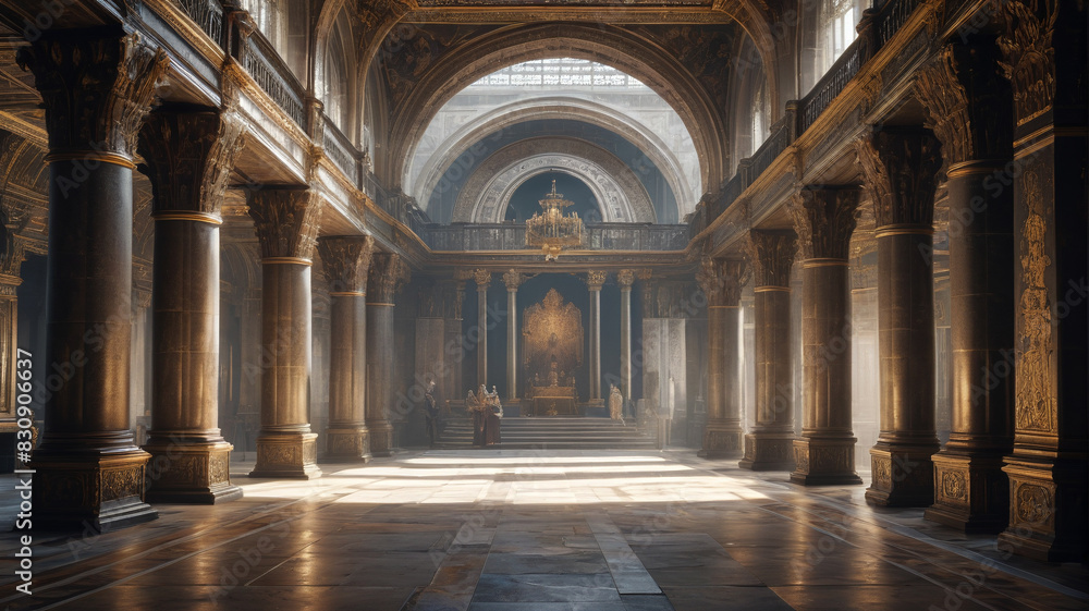 Obraz premium In the grand halls of the High King's palace, courtiers whisper of political intrigue and dark sorcery, Generative AI