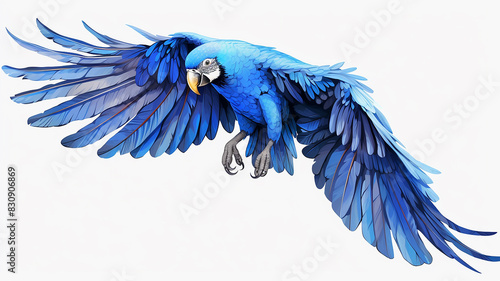 blue parrot in flight  isolated on a white background with a blue macaw print
