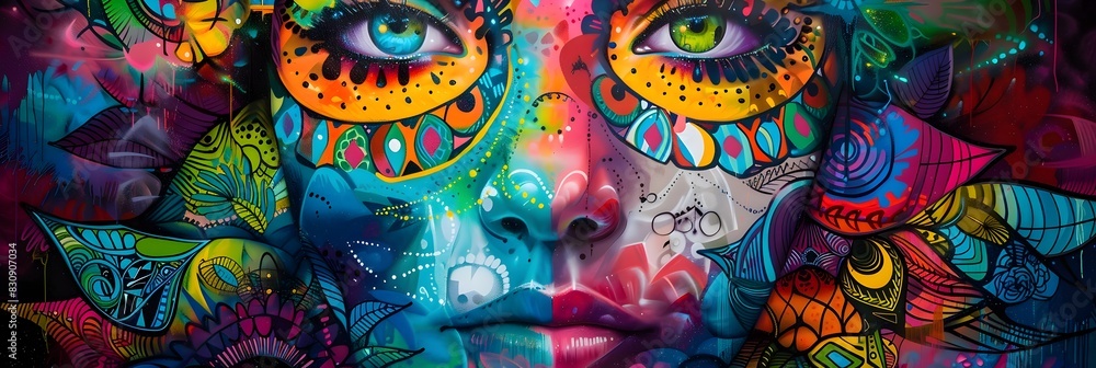 Fototapeta premium Vibrant Surreal Portrait of a Mystical Bohemian Woman with Intricate Ethnic Makeup and Patterns