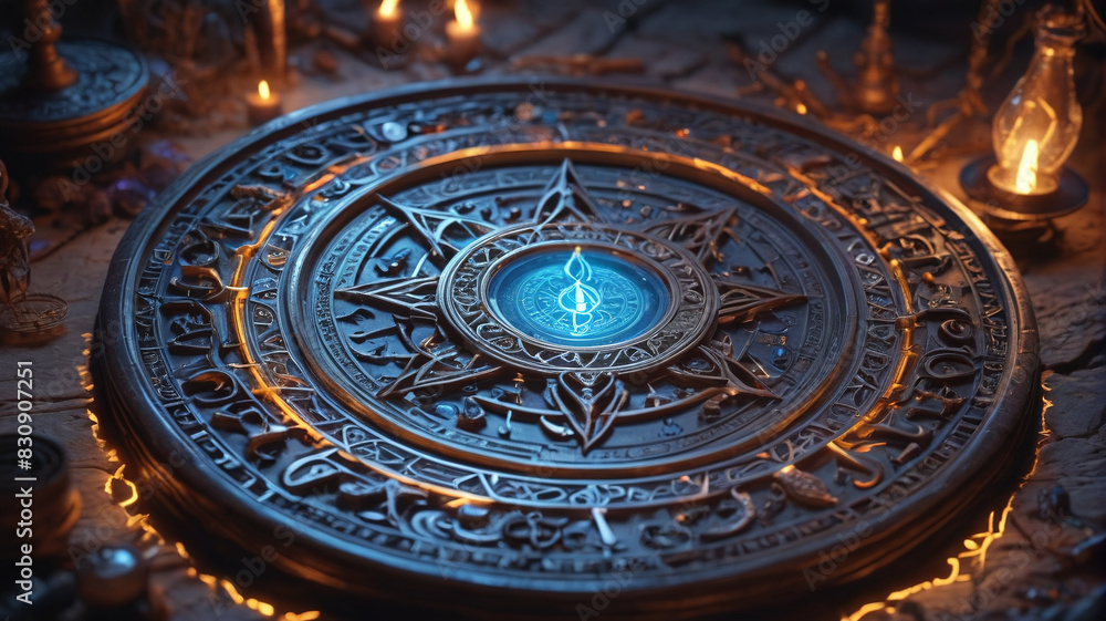 Fototapeta premium Within the Sorcerer's Sanctum, arcane symbols glow, holding secrets of ancient magics, Generative AI