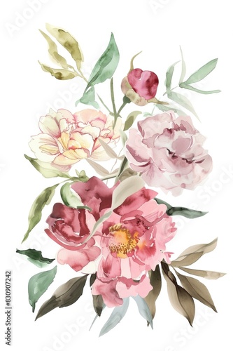 A delicate watercolor painting depicts a bouquet of assorted flowers